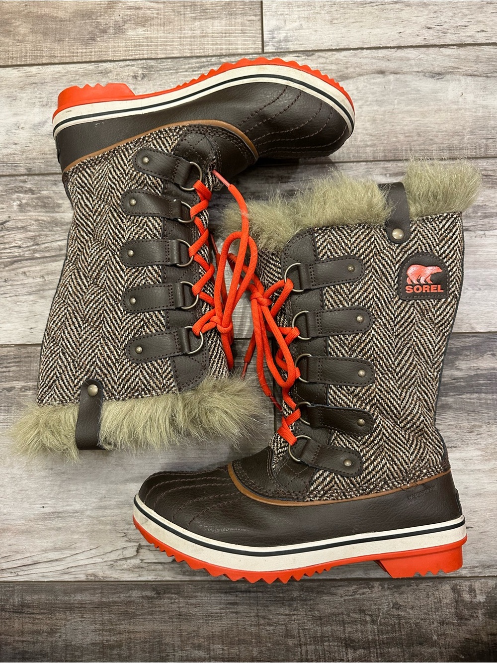 Sorel Kids Brown Herringbone Boots with Orange Laces & Soles